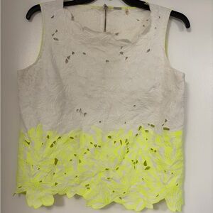 Chic Floral Lace Sleeveless Blouse - White and Neon Yellow
